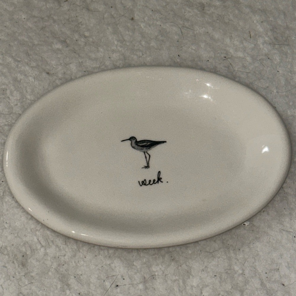 Rae Dunn Seek Sandpiper Bird Ceramic Trinket Dish Oval White Magenta‎ Artisan